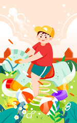 Children day boy is playing with toys on the lawn with sky and clouds in the background, vector illustration