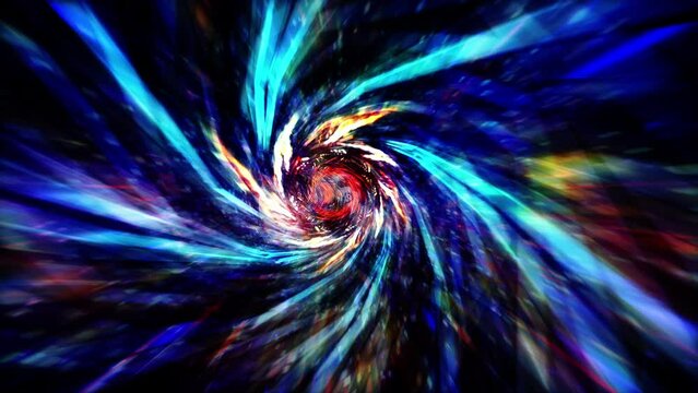Loop of Abstract hypnotic multicolored hyperspace dark vortex warp tunnel through time and space animation. Loop Sci-Fi interstellar travel through wormhole in hyperspace vortex tunnel. 
