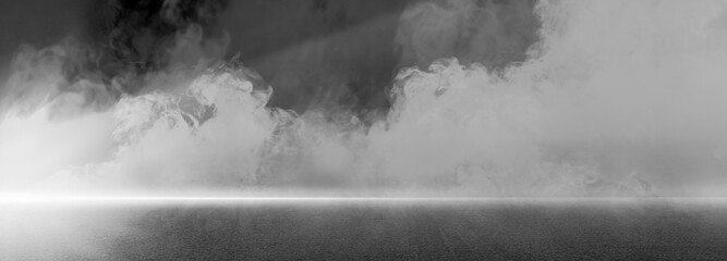 Dark street, asphalt abstract dark background, empty dark scene, neon light, spotlights The concrete floor and studio room with smoke float up the interior texture for display products © chiew
