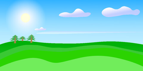 Cartoon landscape with clouds, sun and trees. Vector Illustration. 