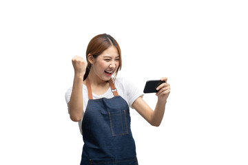 Naklejka premium Young Asian business owners are excited by the good news while playing on their mobile phones isolate on white background, clipping path.