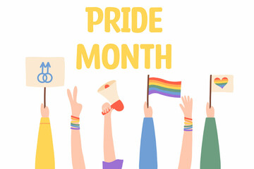 People hold megaphone and flags with lgbt rainbow and transgender flag during pride month celebration against violence, descrimination, human rights violation. Equality and self-affirmarmation.