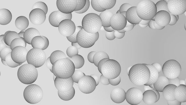 loop 3D animation of the falling golden golf balls rendered 4K Background. Golf Ball in Motion. Golfing sport and hobby concept. Golfing game concept, sport training activity. Winning team goal.