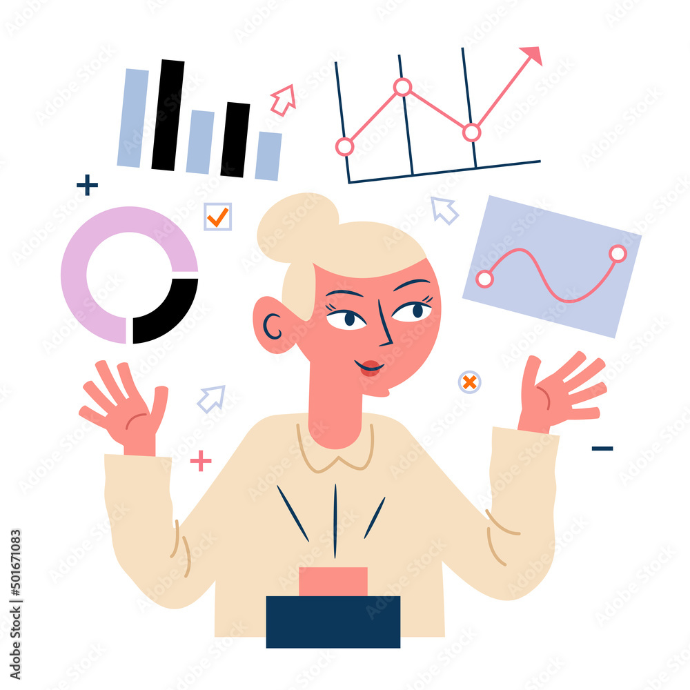 Poster data analysis. building a dashboard. business or marketing analytics. cartoon man holds in his hands