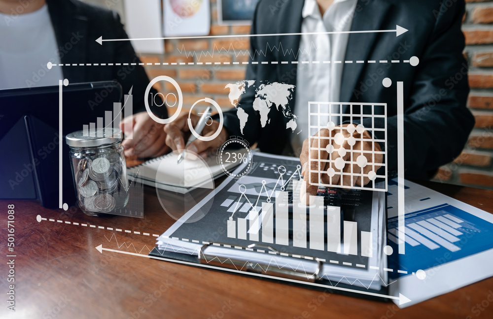 Poster data management system with business analytics concept. business team hands working with provide inf