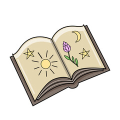 Magic Book on Astrology, Magic tattoo for witch, book of spells and witchcraft. Sticker, icon,  outline.