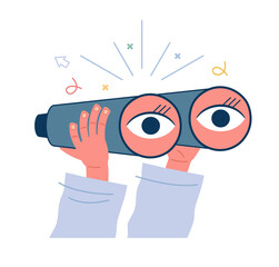 Binoculars in human hands. Business goal search concept. The eyes look ahead. Strategy Vision of the future.