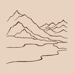Landscape with mountains and forest. Hand drawn illustration converted to vector.