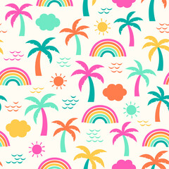 Fototapeta na wymiar Colorful palm tree and rainbow seamless pattern for summer holidays background.