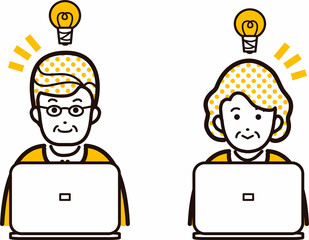 シニア　高齢者　男性　女性　パソコン　インターネット　学習　勉強　WEB　ビジネス　イラスト素材セット