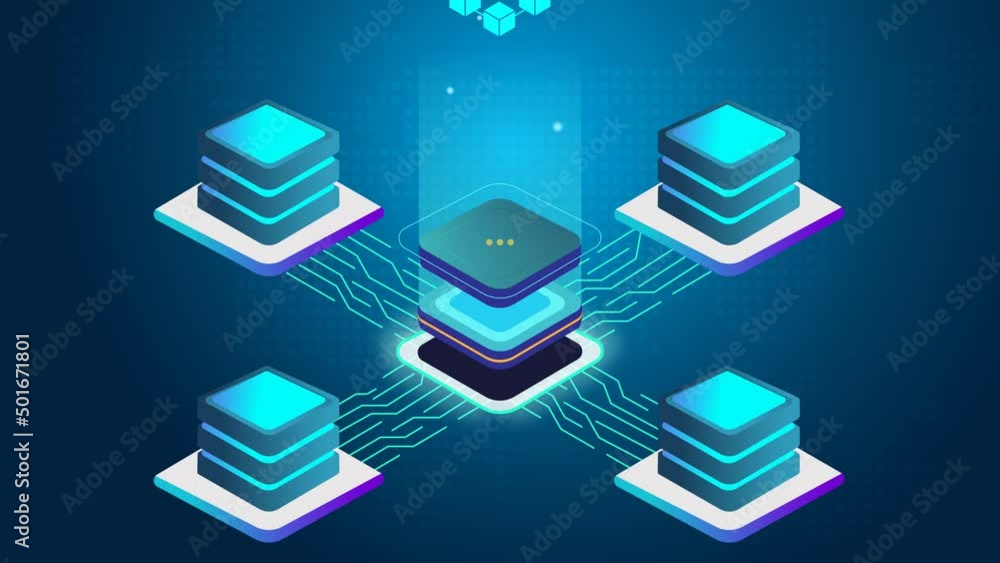 Aufkleber abstract blockchain animation of virtual currency mining rig process in digital cyberspace with serv