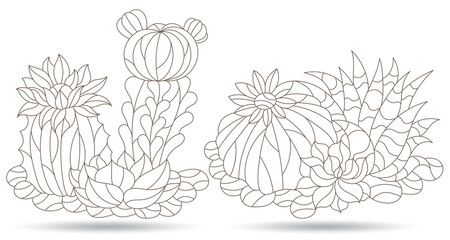 Set of contour illustrations in the style of stained glass with compositions of cacti, dark outline isolated plants on a white background