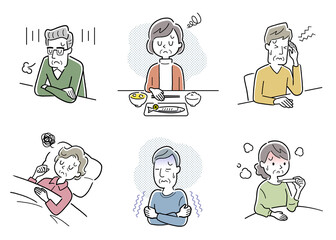 ベクターイラスト素材：体調不良のシニア、セット
