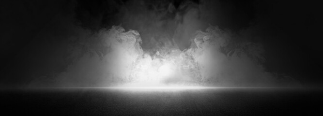 Dark street, asphalt abstract dark background, empty dark scene, neon light, spotlights The concrete floor and studio room with smoke float up the interior texture for display products - obrazy, fototapety, plakaty