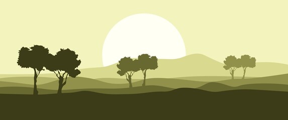 Forest landscape with hill layers vector illustration can be used for background, backdrop, desktop background, wallpaper, drawing book cover illustration, website background, website banner.