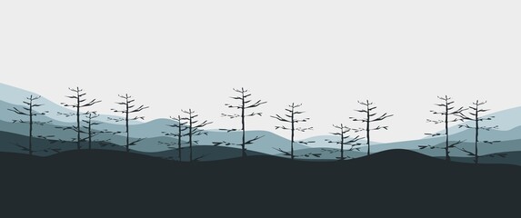 Forest landscape with hill layers vector illustration can be used for background, backdrop, desktop background, wallpaper, drawing book cover illustration, website background, website banner.