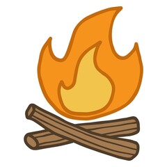 Cartoon doodle of an orange flame with brown firewood. Simple vector color flat icon isolated on transparent background