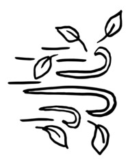 Black and white vector rough sketch of leaves flying in the wind. Hand-drawn outline doodle isolated on transparent background