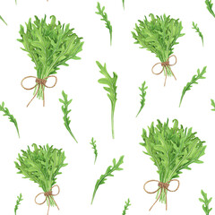 Bouquet arugula seamless pattern on white background.Watercolor hand drawing illustration. Art for decoration and design