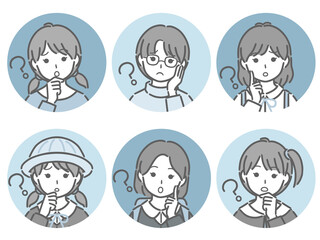 疑問に思う小学生女子の丸アイコンセット
