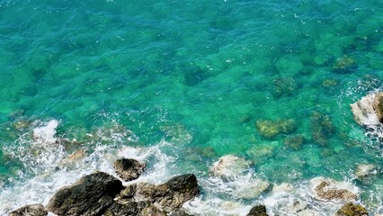 Aerial view of sea waves and rocky coast, Waves swim to the rocky shore with copy space.