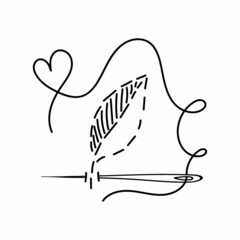 Embroidered leaves, hand-drawn doodles in sketch style. Needle and thread. Embroidery. Handmade. Thread. Vector simple illustration.