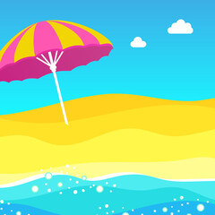 Fototapeta na wymiar Hello Summer. ime to travel. Summer Vacation On Sea Beach Landscape with sand and parasol. Beautiful Seascape Banner Seaside Summer Holidays. Nobody.