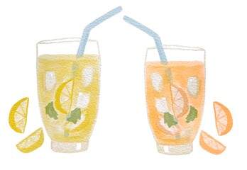 Watercolor lemonade set.  Summer holidays beach vacation coctail with orange, lemon, ice, mint in cold glass. Natural fresh cocktail summer isolated illustration on white background. 