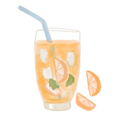 Watercolor lemonade with mint and orange in cold glass. Natural fresh cocktail summer isolated illustration on white background. Summer holidays beach vacation