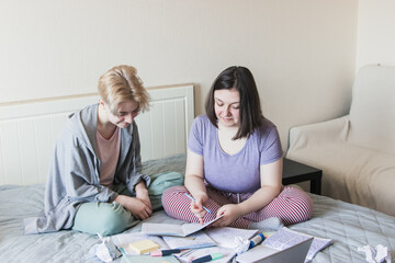 Two gen z teenagers preparing exam to entrance. Teaching concept.