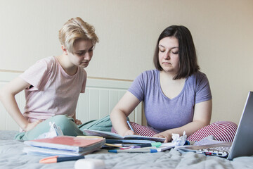 Two gen z teenagers preparing exam to entrance. Teaching concept.