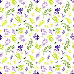 seamless watercolor pattern of stylized flowers and herbs.
