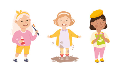 Naughty and obedient kids set. Little girls cleaning teeth, playing in mood and reading books cartoon vector illustration