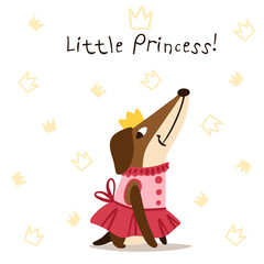 Dachshund sits in a dress and a crown. Around the crown on the background. Lettering little princess. Drawn in cartoon style. Vector illustration for designs, prints, patterns. Isolated on white