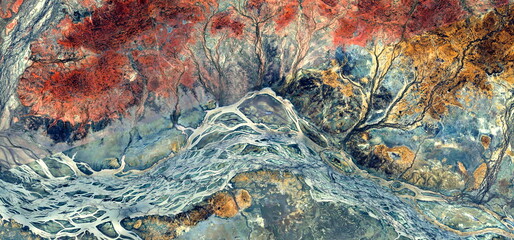 abstract landscape photo of the deserts of Africa from the air emulating the shapes and colors of autumn in the forest, Genre: Abstract naturalism, from the abstract to the figurative