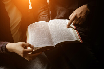 Fototapeta premium Praying with hands and praying together with religious faith and belief in god on blessing background The power of hope or love and devotion.