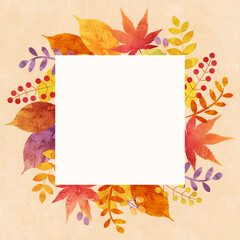 秋の植物の葉っぱのベクターイラストフレーム背景(水彩,落ち葉,葉,木の葉,card.holiday,art,greeting)