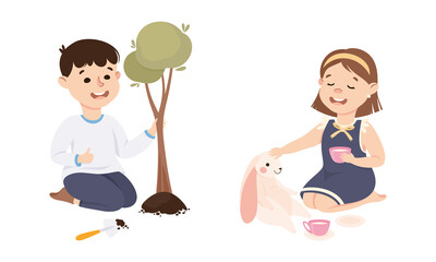 Obedient Girl and Boy with Good Breeding Planting Tree Sapling and Playing Toy Tea Vector Set