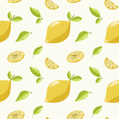 Obraz premium Hand drawn slices and whole lemon vector seamless pattern background. Color vintage design for wrapping paper, wallpaper, fabric, natural product packaging