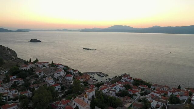 4k Aerial view of village in Hydra Island, Greece