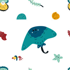 Colorful seamless pattern with funny marine animals, seashells and seaweed on white background. Ornament with cute sea and ocean underwater creatures. Cartoon vector illustration for kid print, fabric