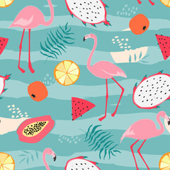 Seamless pattern with flamingos, tropical fruits, palm leaves. Summer abstract ornament. Vector graphics.