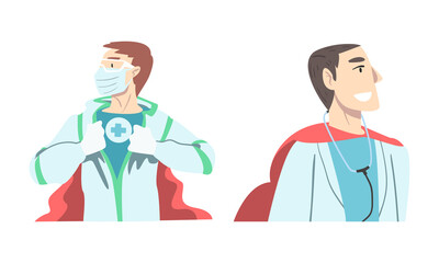 Doctor Hero with Male Medical Staff in Uniform and Superhero Cloak Vector Set