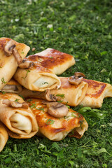 Pancakes with mushrooms, Ukrainian cuisine. Photo of food on a white background