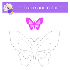 Trace and color for children. The butterfly,  vector illustration. Preschool worksheet for practicing fine motor skills. Flat design