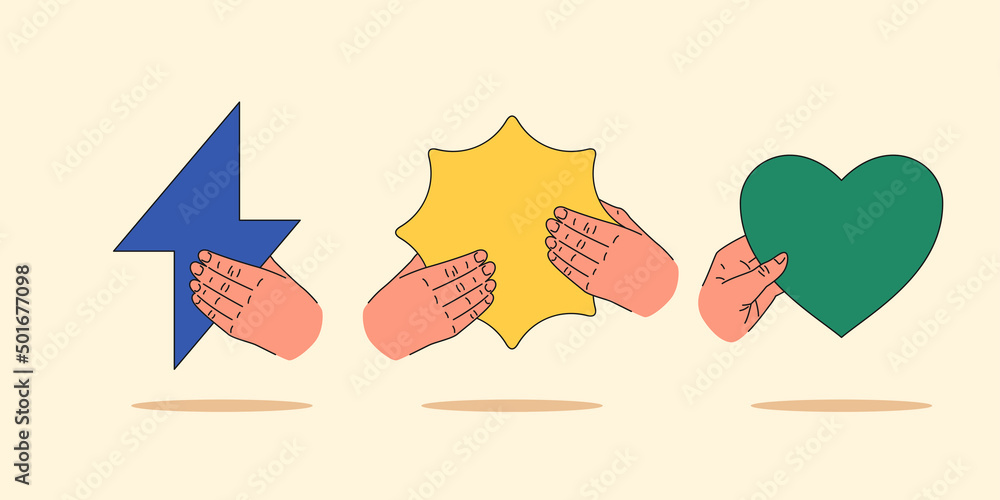 Poster human hands hold various geometric flat shapes. a set of isolated objects on a dark background.