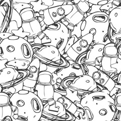 Funy space seamless pattern with rocket, moon, planets and stars isolated on white background. Childish sketch style vector illustration. Seamless pattern with cosmic elements.