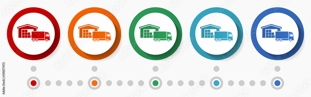 Aufkleber warehouse and truck, delivery concept vector icon set, infographic template, flat design colorful we