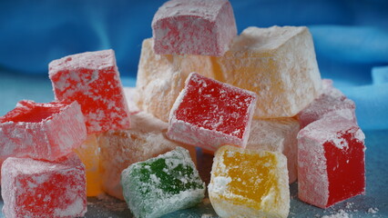 Assorted Turkish delights Rahat lokum. Colorful cubes of Turkish delights. Ramadan bayrami (eid al...