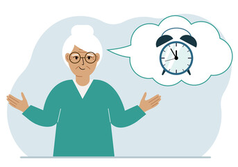 Happy grandmother with thought balloon with alarm clock. Time management, planning, organization of working time, effective business, deadline.